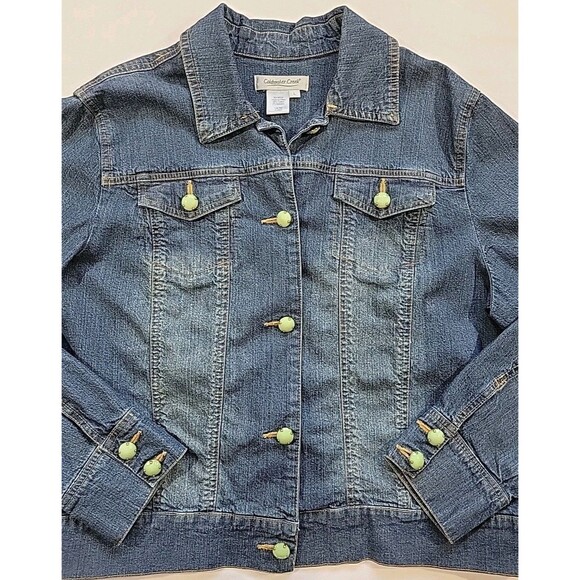 Coldwater Creek Denim Jacket Green Jeweled Buttons Southwestern Boho Size Large - Picture 2 of 14